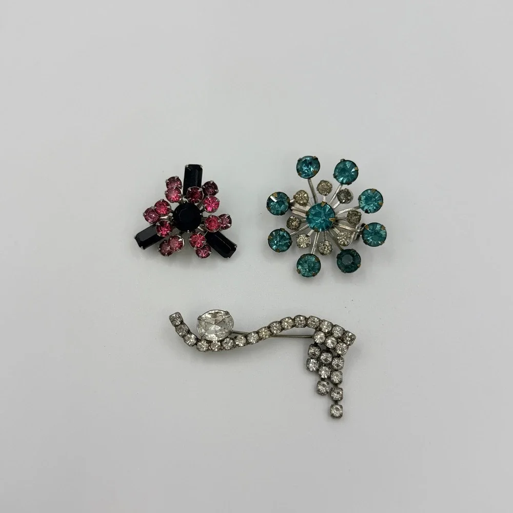 Vintage Rhinestone Brooch Lot of 3 Starburst 50s MCM Costume Estate Jewelry